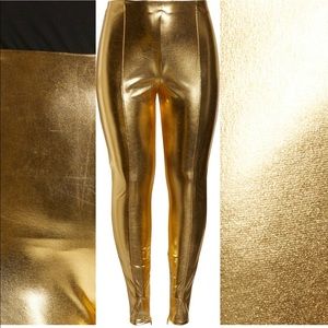 Gold Metallic Full Length Split Hem Leggings by Open Edit Size 2X